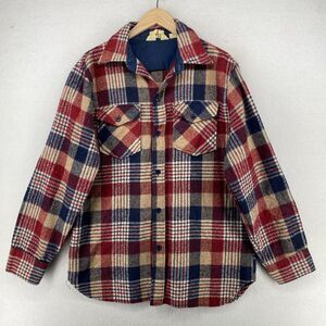 GIMBELS Shirt Mens L Wool Linen Blend Flannel Plaid Shacket Western Red Blue